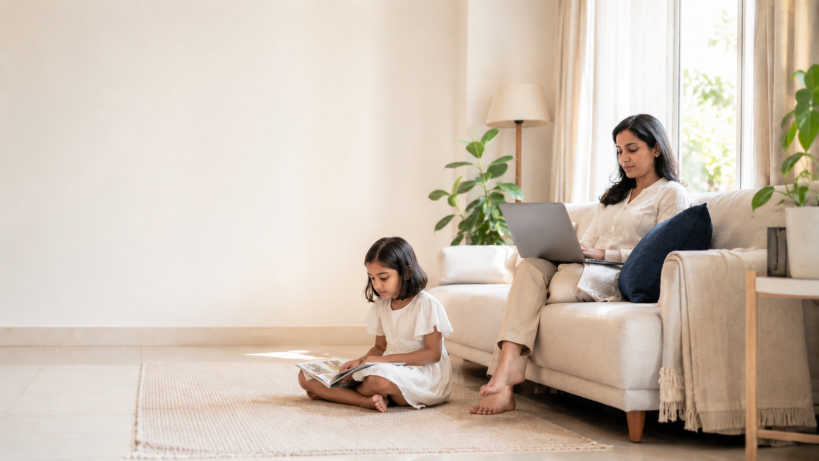 A living room with a woman using a laptop and a child reading nearby.