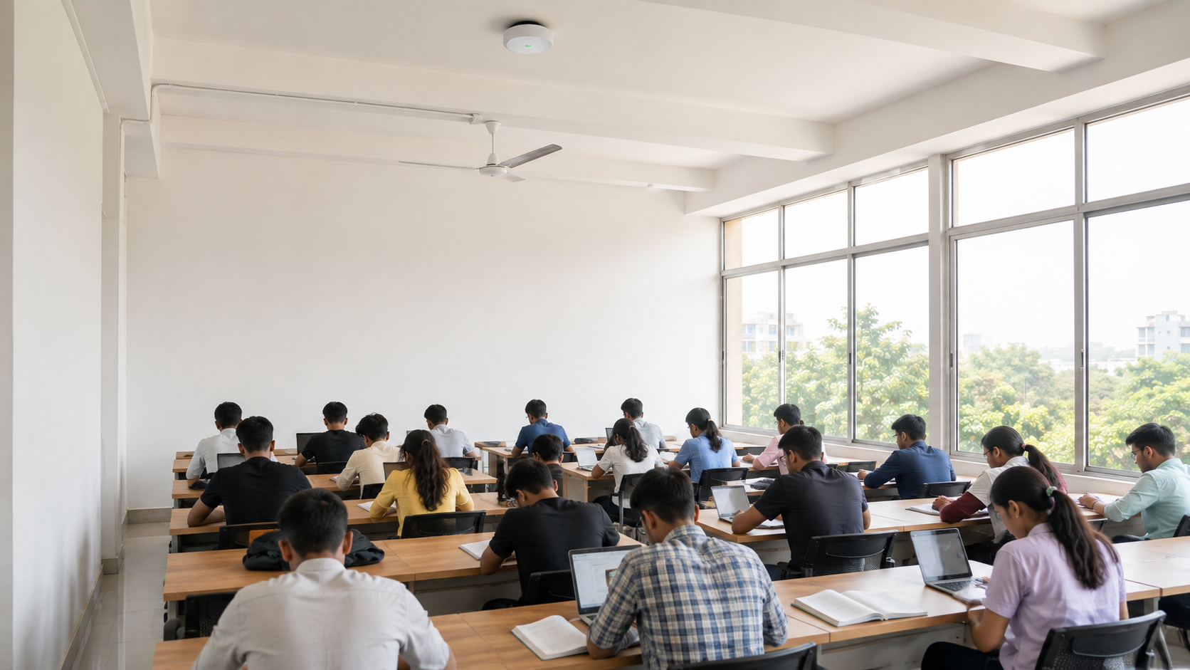 Students working at desks in a bright classroom.
