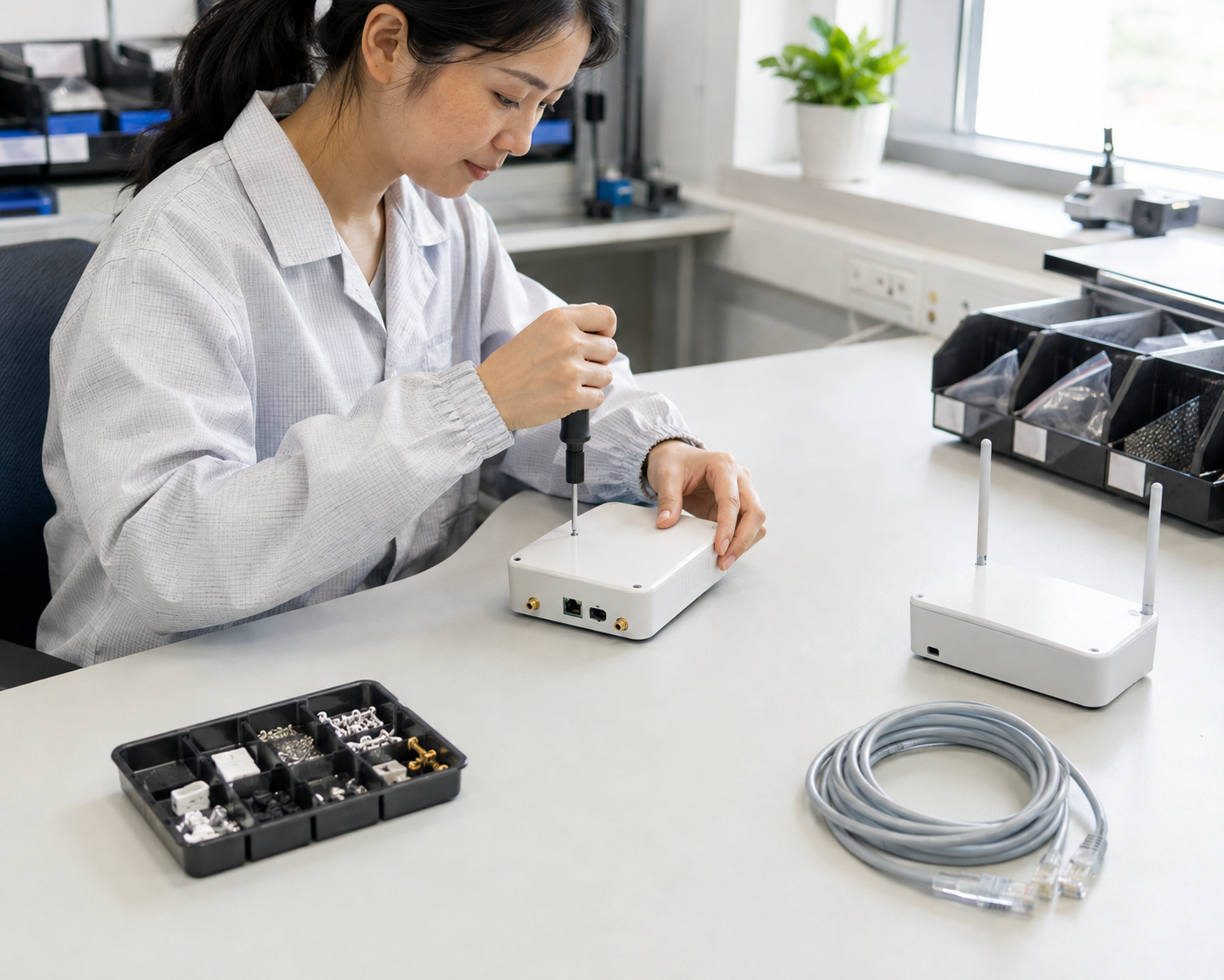 A technician assembling a network device at a workbench.