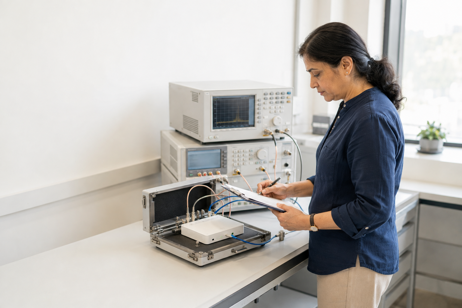 An engineer checking a reading on test equipment in a lab.